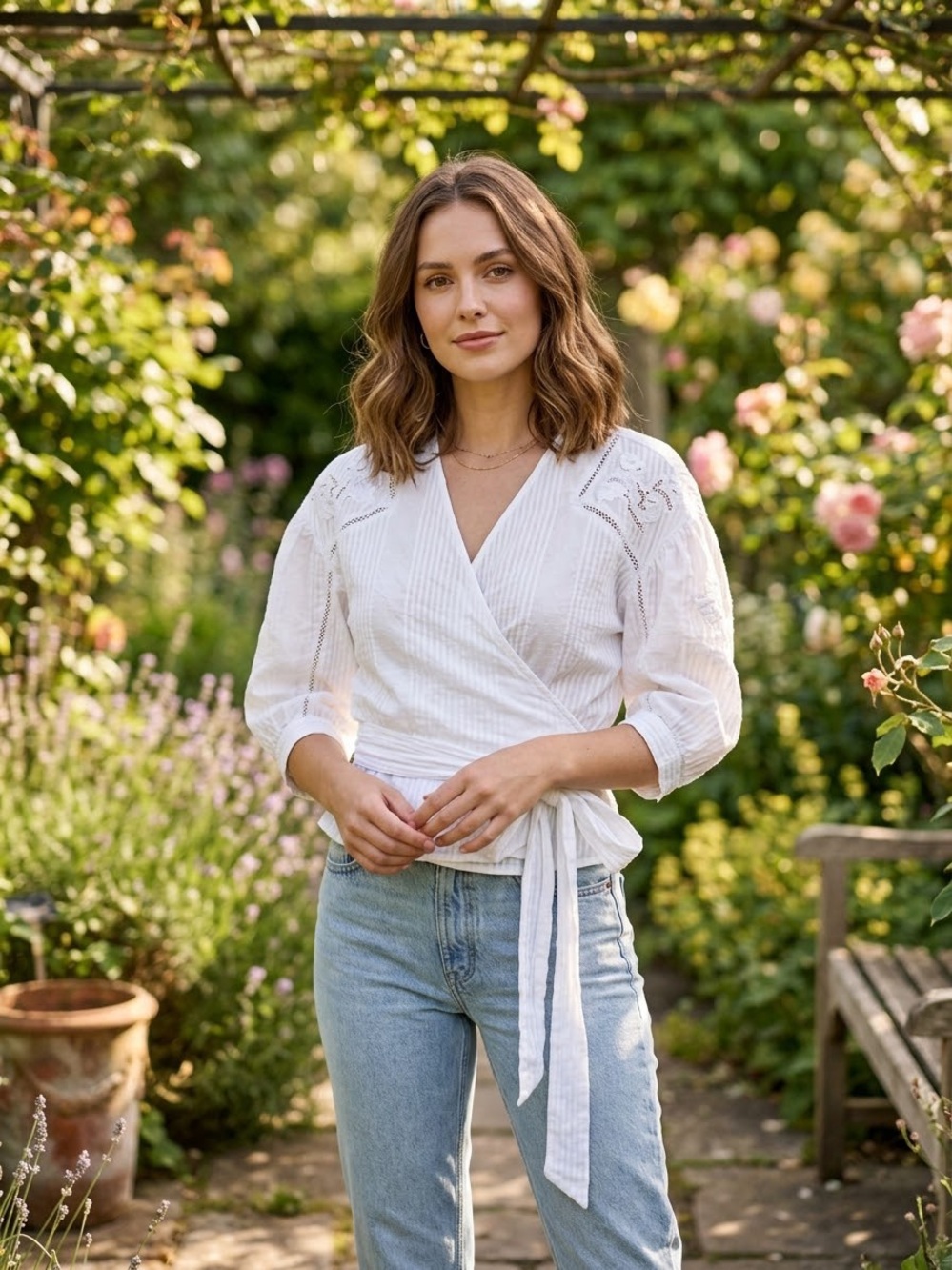 Zara White Wrap Blouse with Tie and Pintuck Details